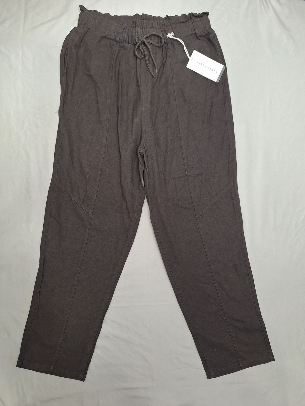 Risen Jeans Elastic-Waist Wide Leg Linen Blend Pants in Dark Brown